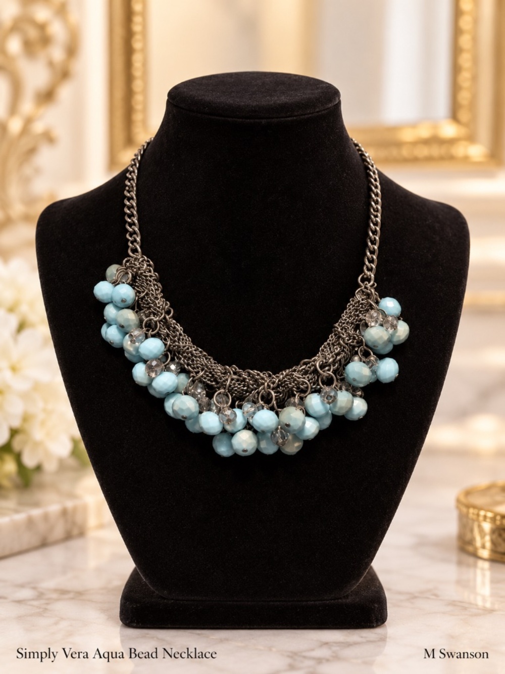 Simply Vera Aqua Blue Bead Gunmetal Multi Chain Statement Necklace 21.5”